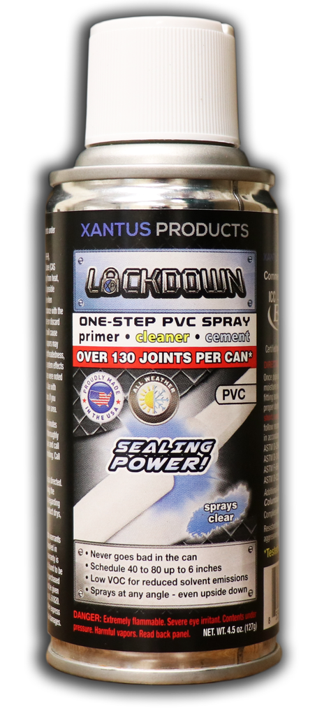 LD-04C LOCKDOWN 4.5OZ CLEAR PVC CEMENT AEROSOL ONE-STEP PVC SPRAY, CEMENT, CLEANER, AND PRIMER