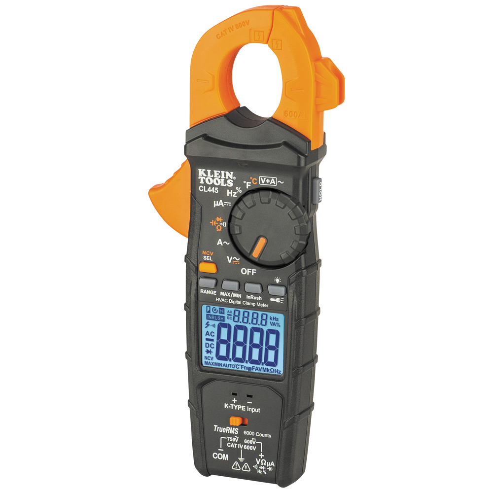 CL445 KLEIN HVAC TRMS CLAMP METER, W/ WORKLIGHT, INCLUDES TEST LEADS, ALLIGATOR CLIPS, K-TYPE THERMOCOUPLE, STORAGE POUCH & MANUAL