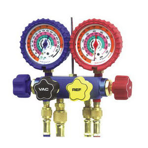 644CC MANIFOLD, 4-VALVE, 600 SERIES, R-22/404A/410A, W/3-60" HOSES, 1-3/8" VAC HOSE, CLAMSHELL
