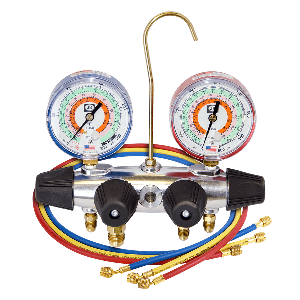 25233 4 VALVE ALUMINUM MANIFOLD W/R-22,R-404A,R-410A 3-1/8"GAUGES "GLOW IN THE DARK"-60" HOSE PACK