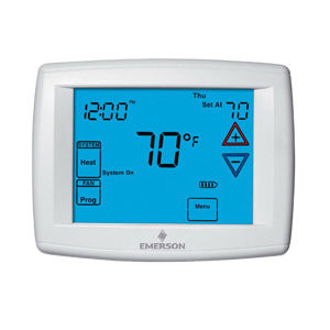 1F95-1280 BLUE TOUCHSCREEN COMMERCIAL (6) MULTI-STAGE (2H/2C) OR HEAT PUMP(4H/2C) 7-DAY PROGRAMMABLE DIGITAL THERMOSTAT, BACKLIT DISPLAY, 24 VOLTS, 2 PROGRAMS, ECONOMIZER CONTROL, AUTOMATIC CHANGEOVER, SYSTEM SWITCH-HEAT, OFF, COOL, EMERGENCY, AUTO, FAN SWITCH-AUTO, ON