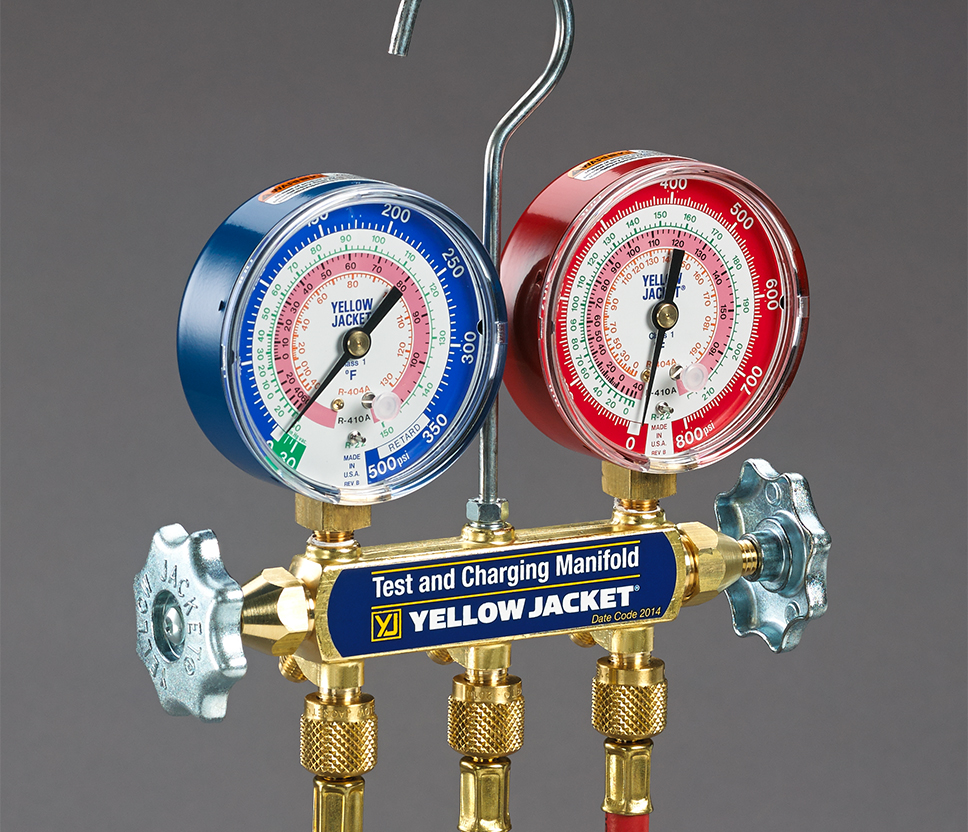 42036 YELLOW JACKET A2L MANIFOLD 3-1/8" (80MM) GAUGES, W/ PLUS IIT 1/4" HOSES 60" 3-PAK RYB, R-32/454B/410A