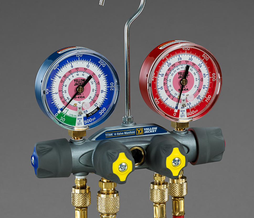 49974 YELLOW JACKET TITAN A2L 4-VALVE MANIFOLD ONLY, 3-1/8" (80MM) GAUGES, R-32/454B/410A