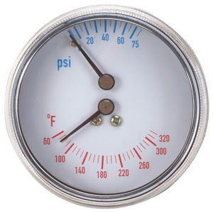 R245900 THERALTIMETER (6) 2 1/2" BOILER P/T GAUGE 0-75PSI 60-260F 1.59" STEM PT-1088 'A'